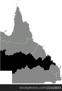 Black flat blank highlighted location map of the CENTRAL QUEENSLAND REGION inside gray administrative map of regions of the Australian state of Queensland, Australia