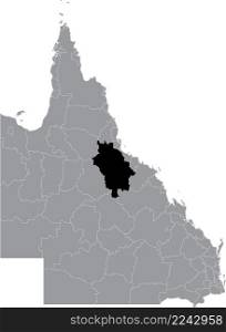 Black flat blank highlighted location map of the CHARTERS TOWERS REGION AREA inside gray administrative map of areas of the Australian state of Queensland, Australia