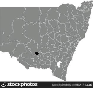 Black flat blank highlighted location map of the CITY OF GRIFFITH AREA inside gray administrative map of districts of Australian state of New South Wales, Australia