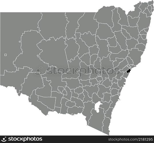 Black flat blank highlighted location map of the CITY OF LAKE MACQUARIE AREA inside gray administrative map of districts of Australian state of New South Wales, Australia