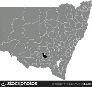 Black flat blank highlighted location map of the COOLAMON SHIRE LOCAL GOVERNMENT AREA inside gray administrative map of districts of Australian state of New South Wales, Australia