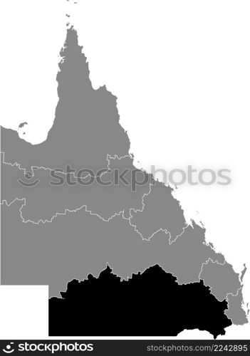 Black flat blank highlighted location map of the DARLING DOWNS SOUTH WEST REGION inside gray administrative map of regions of the Australian state of Queensland, Australia