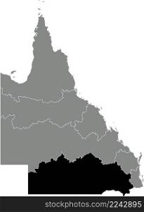 Black flat blank highlighted location map of the DARLING DOWNS SOUTH WEST REGION inside gray administrative map of regions of the Australian state of Queensland, Australia