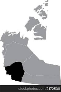 Black flat blank highlighted location map of the DEHCHO REGION Region inside gray administrative map of the Canadian territory of Northwest Territories, Canada