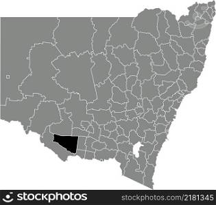 Black flat blank highlighted location map of the EDWARD RIVER COUNCIL LOCAL GOVERNMENT AREA inside gray administrative map of districts of Australian state of New South Wales, Australia