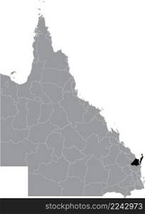 Black flat blank highlighted location map of the FRASER COAST REGION AREA inside gray administrative map of areas of the Australian state of Queensland, Australia