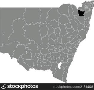 Black flat blank highlighted location map of the GLEN INNES SEVERN COUNCIL AREA inside gray administrative map of districts of Australian state of New South Wales, Australia