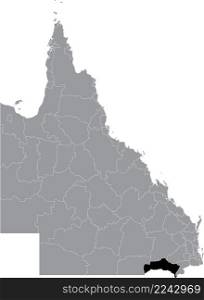 Black flat blank highlighted location map of the GOONDIWINDI REGION AREA inside gray administrative map of areas of the Australian state of Queensland, Australia
