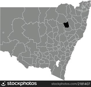 Black flat blank highlighted location map of the GUNNEDAH SHIRE AREA inside gray administrative map of districts of Australian state of New South Wales, Australia