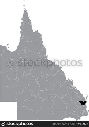 Black flat blank highlighted location map of the GYMPIE REGION AREA inside gray administrative map of areas of the Australian state of Queensland, Australia