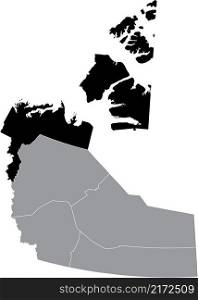 Black flat blank highlighted location map of the INUVIK REGION Region inside gray administrative map of the Canadian territory of Northwest Territories, Canada