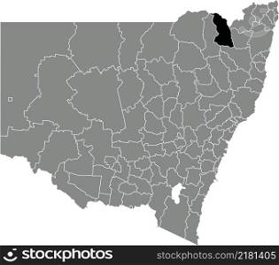 Black flat blank highlighted location map of the INVERELL SHIRE AREA inside gray administrative map of districts of Australian state of New South Wales, Australia