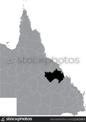 Black flat blank highlighted location map of the ISAAC REGION AREA inside gray administrative map of areas of the Australian state of Queensland, Australia
