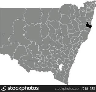 Black flat blank highlighted location map of the KEMPSEY SHIRE LOCAL GOVERNMENT AREA inside gray administrative map of districts of Australian state of New South Wales, Australia