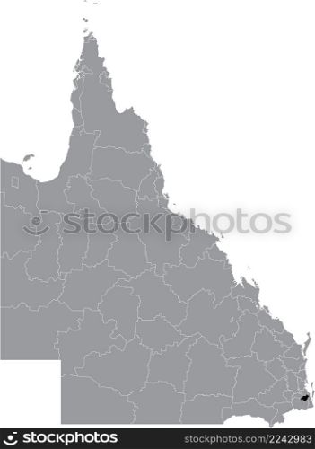Black flat blank highlighted location map of the LOGAN CITY AREA inside gray administrative map of areas of the Australian state of Queensland, Australia