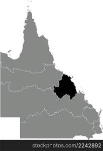 Black flat blank highlighted location map of the MACKAY, ISAAC AND WHITSUNDAY REGION inside gray administrative map of regions of the Australian state of Queensland, Australia