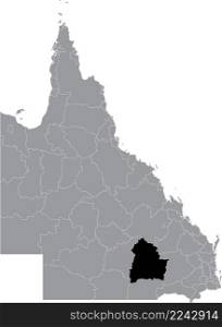 Black flat blank highlighted location map of the MARANOA REGION AREA inside gray administrative map of areas of the Australian state of Queensland, Australia