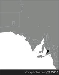 Black flat blank highlighted location map of the METROPOLITAN ADELAIDE AREA inside gray administrative map of areas of the Australian state of South Australia
