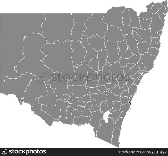 Black flat blank highlighted location map of the MUNICIPALITY OF KIAMA AREA inside gray administrative map of districts of Australian state of New South Wales, Australia