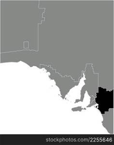 Black flat blank highlighted location map of the MURRAY MALLEE REGION inside gray administrative map of regions of the Australian state of South Australia
