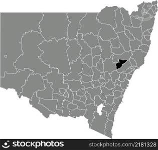 Black flat blank highlighted location map of the MUSWELLBROOK SHIRE AREA inside gray administrative map of districts of Australian state of New South Wales, Australia