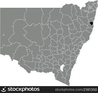 Black flat blank highlighted location map of the NAMBUCCA VALLEY COUNCIL LOCAL GOVERNMENT AREA inside gray administrative map of districts of Australian state of New South Wales, Australia