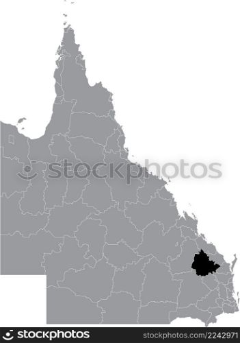 Black flat blank highlighted location map of the NORTH BURNETT REGION AREA inside gray administrative map of areas of the Australian state of Queensland, Australia