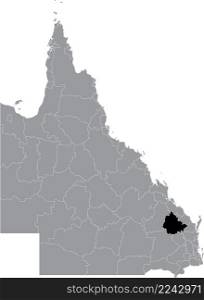 Black flat blank highlighted location map of the NORTH BURNETT REGION AREA inside gray administrative map of areas of the Australian state of Queensland, Australia