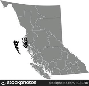 Black flat blank highlighted location map of the NORTH COAST regional district inside gray administrative map of the Canadian province of British Columbia, Canada