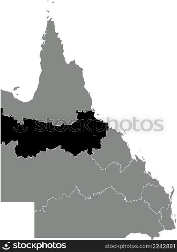 Black flat blank highlighted location map of the NORTH REGION inside gray administrative map of regions of the Australian state of Queensland, Australia