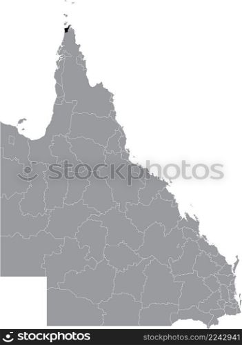 Black flat blank highlighted location map of the NORTHERN PENINSULA AREA REGION AREA inside gray administrative map of areas of the Australian state of Queensland, Australia