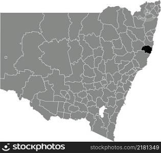 Black flat blank highlighted location map of the PORT MACQUARIE-HASTINGS COUNCIL AREA inside gray administrative map of districts of Australian state of New South Wales, Australia