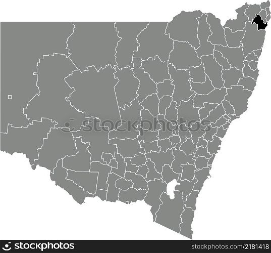 Black flat blank highlighted location map of the RICHMOND VALLEY COUNCIL AREA inside gray administrative map of districts of Australian state of New South Wales, Australia