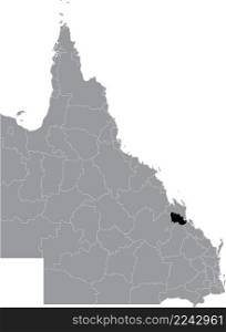 Black flat blank highlighted location map of the ROCKHAMPTON REGION AREA inside gray administrative map of areas of the Australian state of Queensland, Australia
