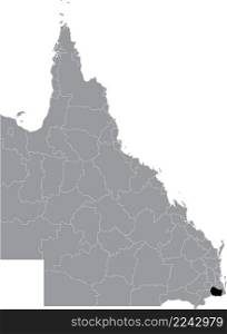 Black flat blank highlighted location map of the SCENIC RIM REGION AREA inside gray administrative map of areas of the Australian state of Queensland, Australia