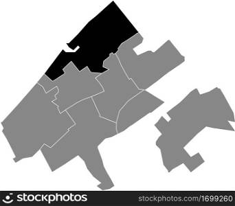 Black flat blank highlighted location map of the SCHEVENINGEN DISTRICT inside gray administrative map of districts of The Hague, Netherlands