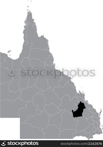 Black flat blank highlighted location map of the SHIRE OF BANANA AREA inside gray administrative map of areas of the Australian state of Queensland, Australia