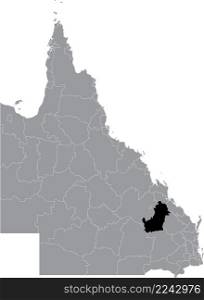 Black flat blank highlighted location map of the SHIRE OF BANANA AREA inside gray administrative map of areas of the Australian state of Queensland, Australia