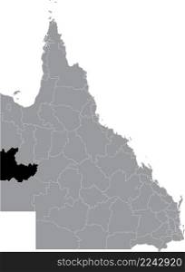 Black flat blank highlighted location map of the SHIRE OF BOULIA AREA inside gray administrative map of areas of the Australian state of Queensland, Australia