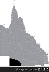 Black flat blank highlighted location map of the SHIRE OF BULLOO AREA inside gray administrative map of areas of the Australian state of Queensland, Australia