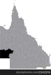 Black flat blank highlighted location map of the SHIRE OF DIAMANTINA AREA inside gray administrative map of areas of the Australian state of Queensland, Australia