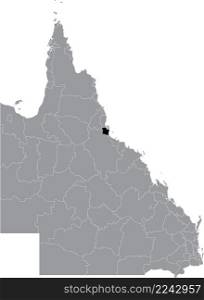 Black flat blank highlighted location map of the SHIRE OF HINCHINBROOK AREA inside gray administrative map of areas of the Australian state of Queensland, Australia