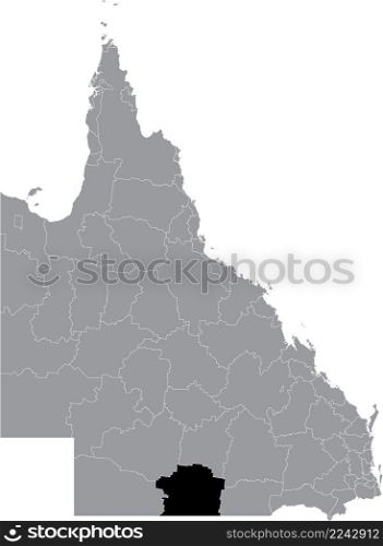 Black flat blank highlighted location map of the SHIRE OF PAROO AREA inside gray administrative map of areas of the Australian state of Queensland, Australia