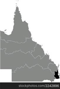 Black flat blank highlighted location map of the SOUTH EAST QUEENSLAND REGION inside gray administrative map of regions of the Australian state of Queensland, Australia