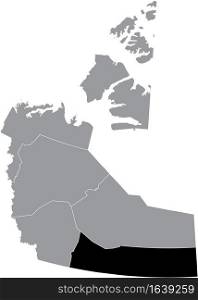 Black flat blank highlighted location map of the SOUTH SLAVE REGION Region inside gray administrative map of the Canadian territory of Northwest Territories, Canada