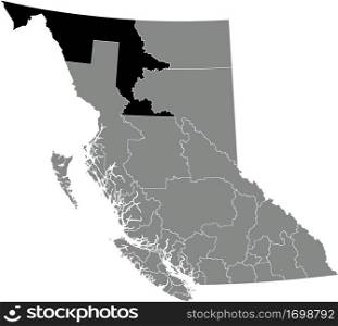 Black flat blank highlighted location map of the STIKINE REGION regional district inside gray administrative map of the Canadian province of British Columbia, Canada