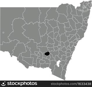Black flat blank highlighted location map of the TEMORA SHIRE AREA inside gray administrative map of districts of Australian state of New South Wales, Australia