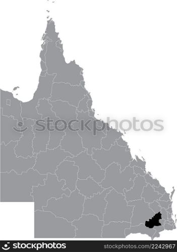 Black flat blank highlighted location map of the TOOWOOMBA REGION AREA inside gray administrative map of areas of the Australian state of Queensland, Australia