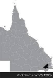 Black flat blank highlighted location map of the TOOWOOMBA REGION AREA inside gray administrative map of areas of the Australian state of Queensland, Australia