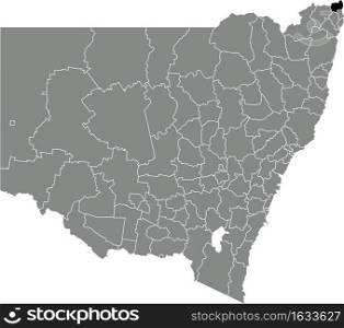 Black flat blank highlighted location map of the TWEED SHIRE AREA inside gray administrative map of districts of Australian state of New South Wales, Australia